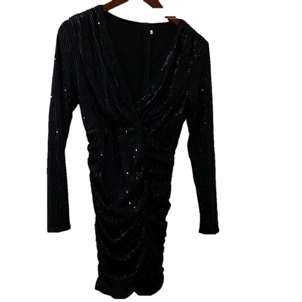 Blue Ruched Sequin Midi Dress with Long Sleeves and Cowl Neck - Picture 2 of 4